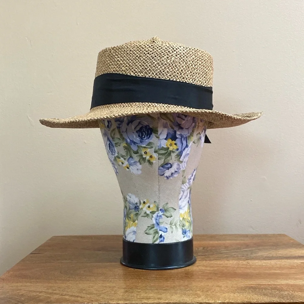 VTG Saks Fifth Ave Made in Italy Natural Straw Boater Hat Black Bow